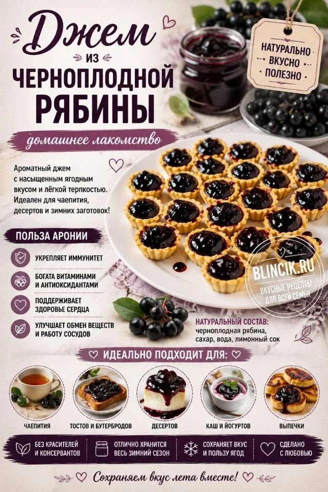 Джем из черноплодной рябины домашнее лакомство. Ароматный джем с насыщенным ягодным вкусом и лёгкой терпкостью. Идеален для чаепития, десертов и зимних заготовок! ПОЛЬЗА АРОНИИ: УКРЕПЛЯЕТ ИММУНИТЕТ, БОГАТА ВИТАМИНАМИ И АНТИОКСИДАНТАМИ, ПОДДЕРЖИВАЕТ ЗДОРОВОЕ СЕРДЦЕ, УЛУЧШАЕТ ОБМЕН ВЕЩЕСТВ И РАБОТУ СОСУДОВ. НАТУРАЛЬНЫЙ СОСТАВ: черноплодная рябина,