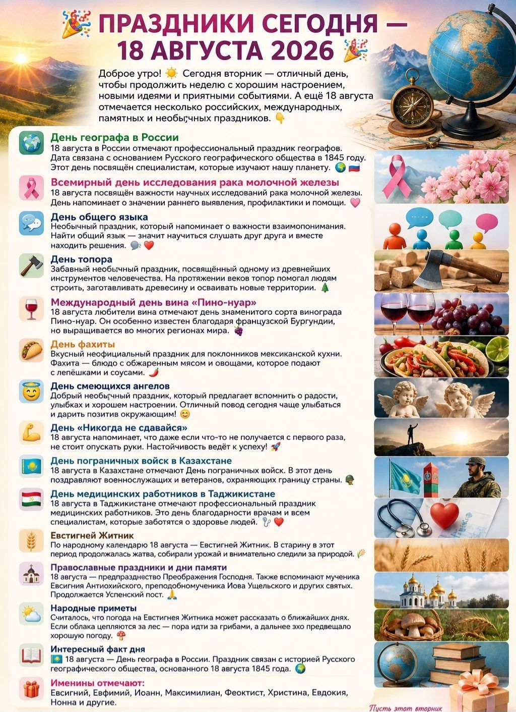 Праздники сегодня - 18 августа 2026. Доброе утро! Сегодня вторник — отличный день, чтобы продолжить неделю с хорошим настроением, новыми идеями и приятными событиями. А ещё 18 августа отмечается несколько российских, международных, памятных и необычных праздников. День географа в России, Всемирный день исследования рака молочной железы, День