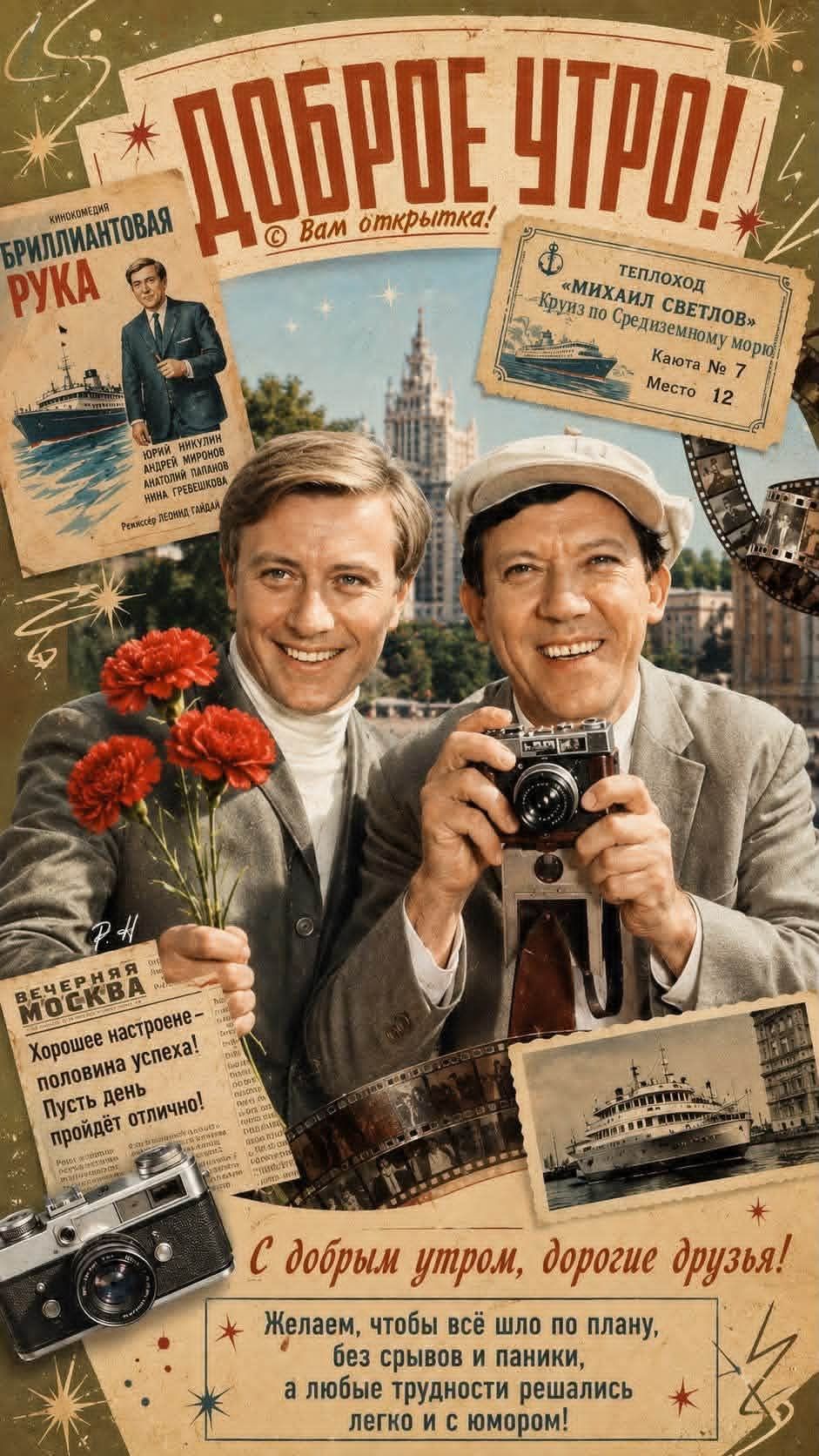 ДОБРОЕ УТРО! Вам открытка! КИНОКОМЕДИЯ БРИЛЛИАНТОВАЯ РУКА ЮРИЙ НИКУЛИН АНДРЕЙ МИРОНОВ АНАТОЛИЙ ПАПАНОВ НИНА ГРЕБЕШКОВА РЕЖИССЕР ЛЕОНИД ГАЙДАЙ ТЕПЛОХОД «МИХАИЛ СВЕТЛОВ» Круиз по Средиземному морю Каюта № 7 Место 12 ВЕЧЕРНЯЯ МОСКВА Хорошее настроение - половина успеха! Пусть день пройдет отлично! С добрым утром, дорогие друзья! Желаем, чтобы всё шло