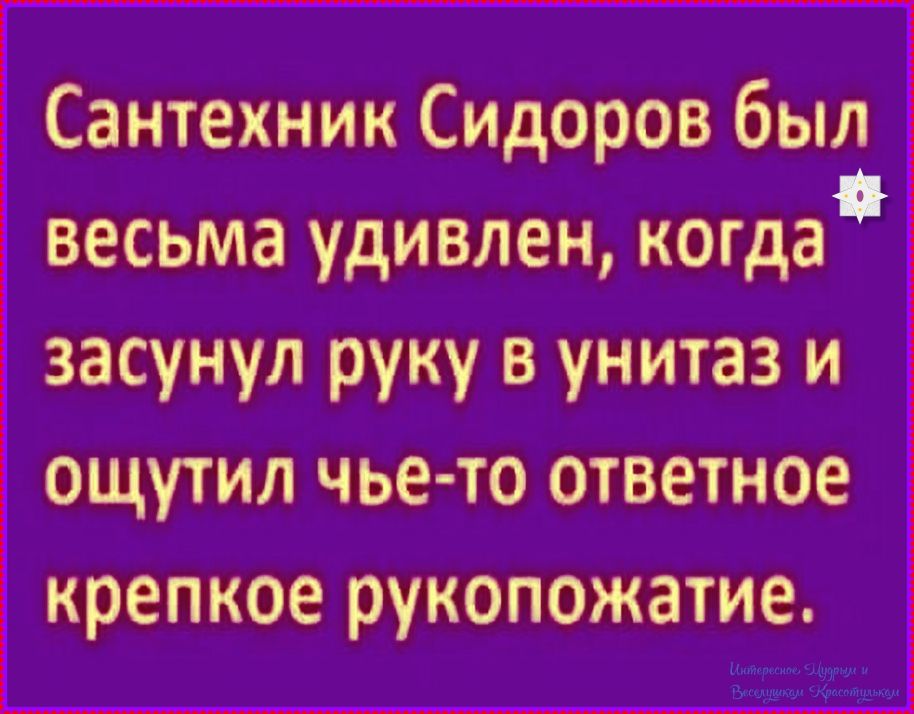 Сантехник Сидоров был весьма удивлен, когда засунул руку в унитаз и ощутил чье-то ответное крепкое рукопожатие.