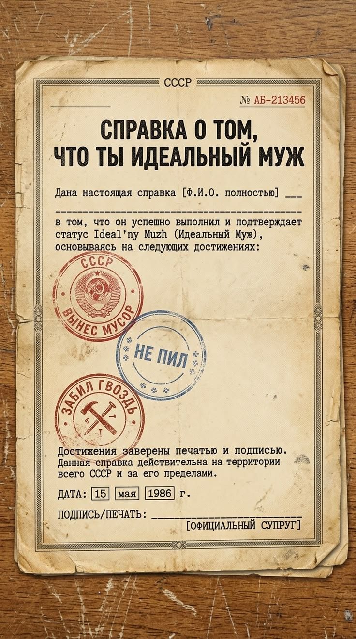 CCCP № АБ-213456 СПРАВКА О ТОМ, ЧТО ТЫ ИДЕАЛЬНЫЙ МУЖ Дана настоящая справка [Ф.И.О. полностью] в том, что он успешно выполнил и подтверждает статус Ideal'ny Muzh (Идеальный Муж), основываясь на следующих достижениях: ВЫНЕС МУСОР, НЕ ПИЛ, ЗАБИЛ ГВОЗДЬ. Достижения заверены печатью и подписью. Данная справка действительна на территории всего СССР и