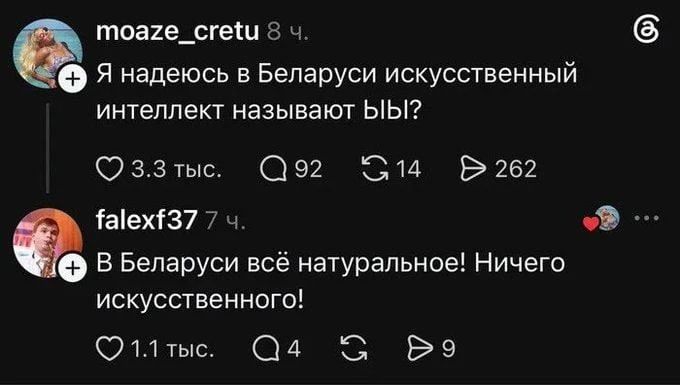 Я надеюсь в Беларуси искусственный интеллект называют ЫЫ? В Беларуси всё натуральное! Ничего искусственного!