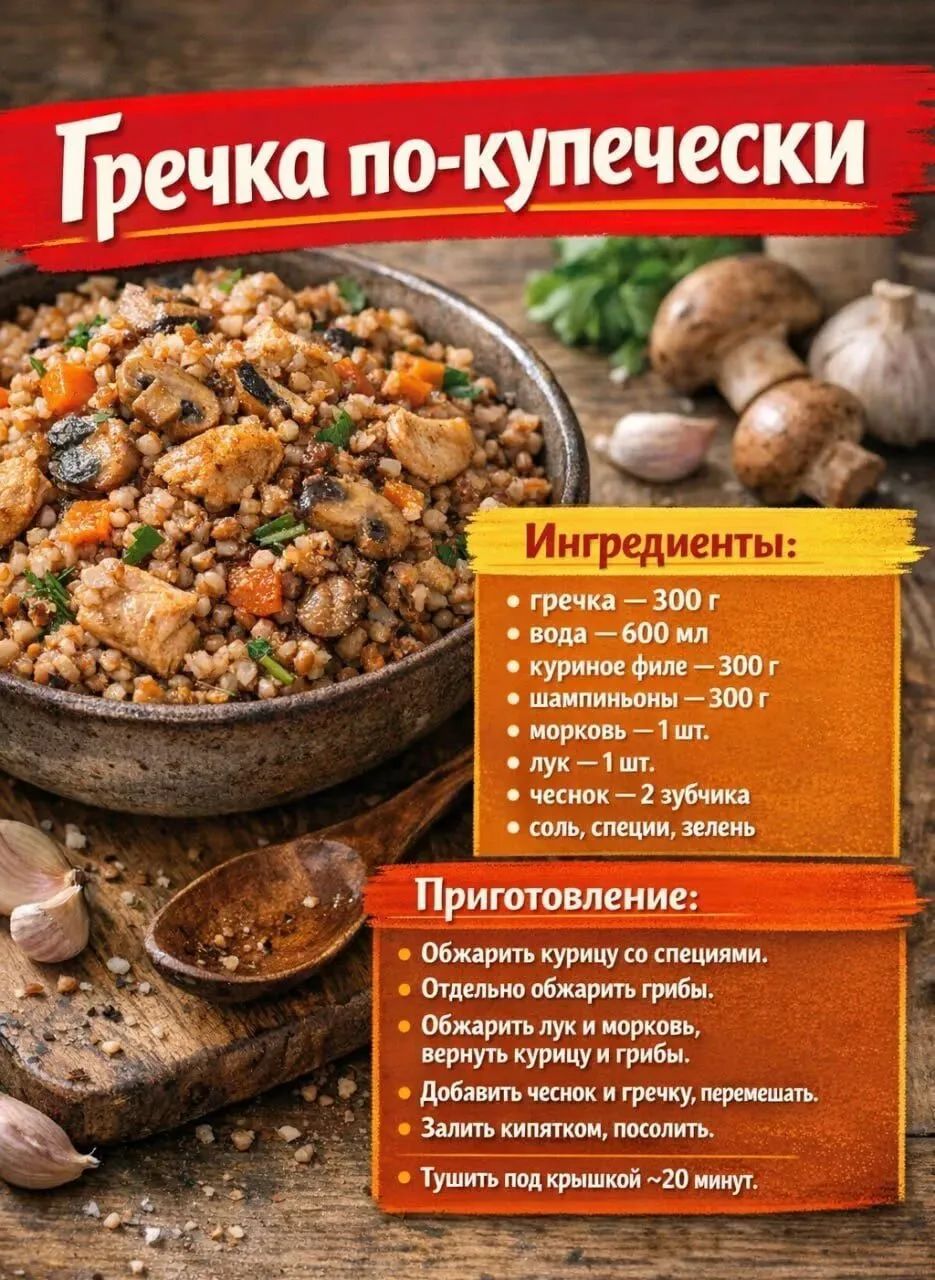 Гречка по-купечески. Ингредиенты: гречка — 300 г, вода — 600 мл, куриное филе — 300 г, шампиньоны — 300 г, морковь — 1 шт., лук — 1 шт., чеснок — 2 зубчика, соль, специи, зелень. Приготовление: Обжарить курицу со специями. Отдельно обжарить грибы. Обжарить лук и морковь, вернуть курицу и грибы. Добавить чеснок и гречку, перемешать. Залить