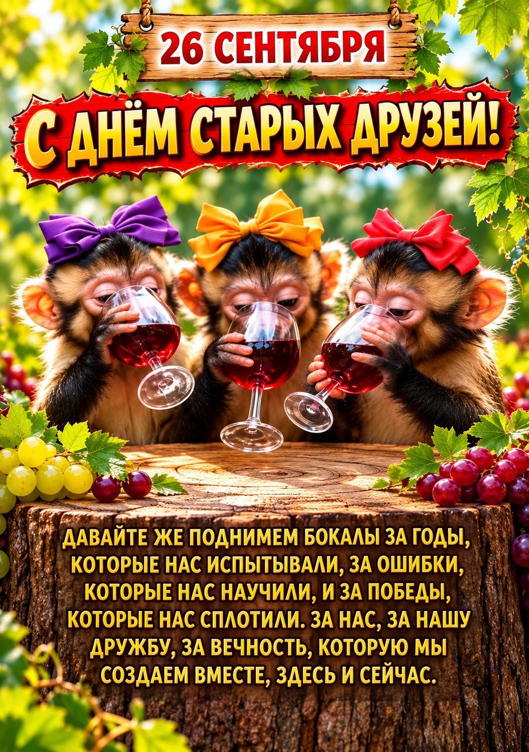 26 сентября. С днем старых друзей! Давайте же поднимем бокалы за годы, которые нас испытывали, за ошибки, которые нас научили, и за победы, которые нас сплотили. За нас, за нашу дружбу, за вечность, которую мы создаем вместе, здесь и сейчас.