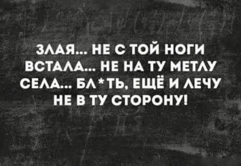 ЗЛАЯ... НЕ С ТОЙ НОГИ ВСТАЛА... НЕ НА ТУ МЕТЛУ СЕЛА... БЛ*ТЬ, ЕЩЁ И ЛЕЧУ НЕ В ТУ СТОРОНУ!