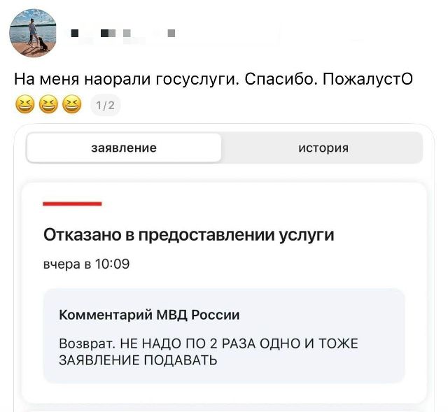 На меня наорали госуслуги. Спасибо. ПожалустО Отказано в предоставлении услуги Комментарий МВД России: Возврат. НЕ НАДО ПО 2 РАЗА ОДНО И ТОЖЕ ЗАЯВЛЕНИЕ ПОДАВАТЬ