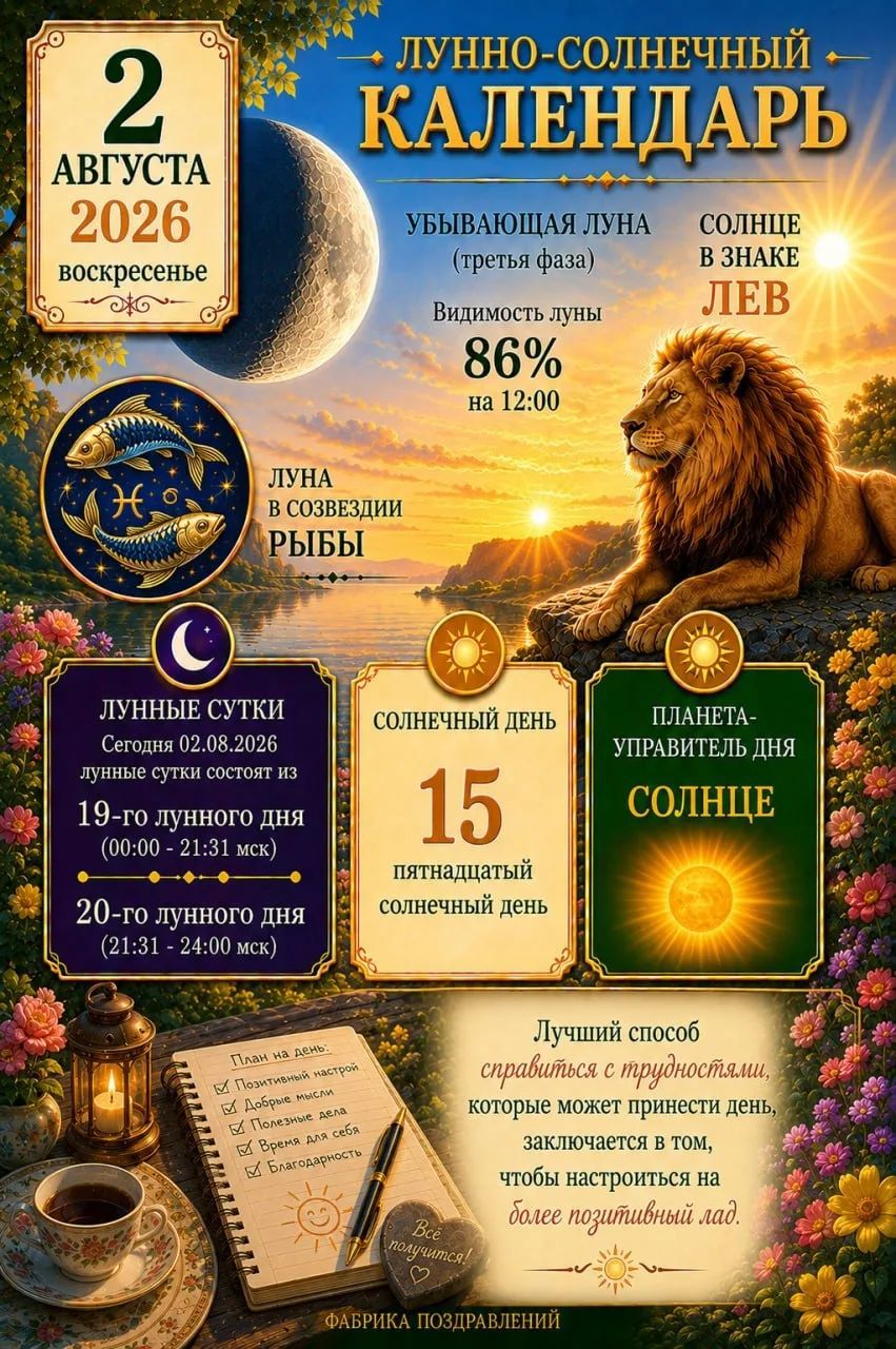 2 АВГУСТА 2026 воскресенье ЛУННО-СОЛНЕЧНЫЙ КАЛЕНДАРЬ УБЫВАЮЩАЯ ЛУНА (третья фаза) СОЛНЦЕ В ЗНАКЕ ЛЕВ Видимость луны 86% на 12:00 ЛУНА В СОЗВЕЗДИИ РЫБЫ ЛУННЫЕ СУТКИ Сегодня 02.08.2026 лунные сутки состоят из 19-го лунного дня (00:00 - 21:31 мск) 20-го лунного дня (21:31 - 24:00 мск) СОЛНЕЧНЫЙ ДЕНЬ 15 пятнадцатый солнечный день ПЛАНЕТА-УПРАВИТЕЛЬ