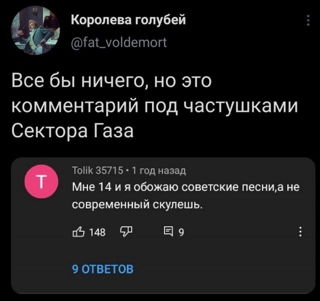 Королева голубей @fat_voldemort. Все бы ничего, но это комментарий под частушками Сектора Газа. Tolik 35715 1 год назад. Мне 14 и я обожаю советские песни, а не современный скулешь.