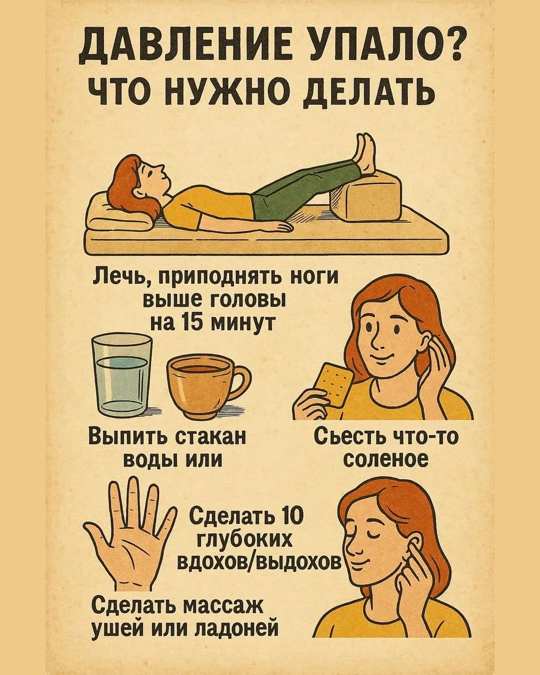 ДАВЛЕНИЕ УПАЛО? ЧТО НУЖНО ДЕЛАТЬ Лечь, приподнять ноги выше головы на 15 минут Выпить стакан воды или Съесть что-то соленое Сделать 10 глубоких вдохов/выдохов Сделать массаж ушей или ладоней