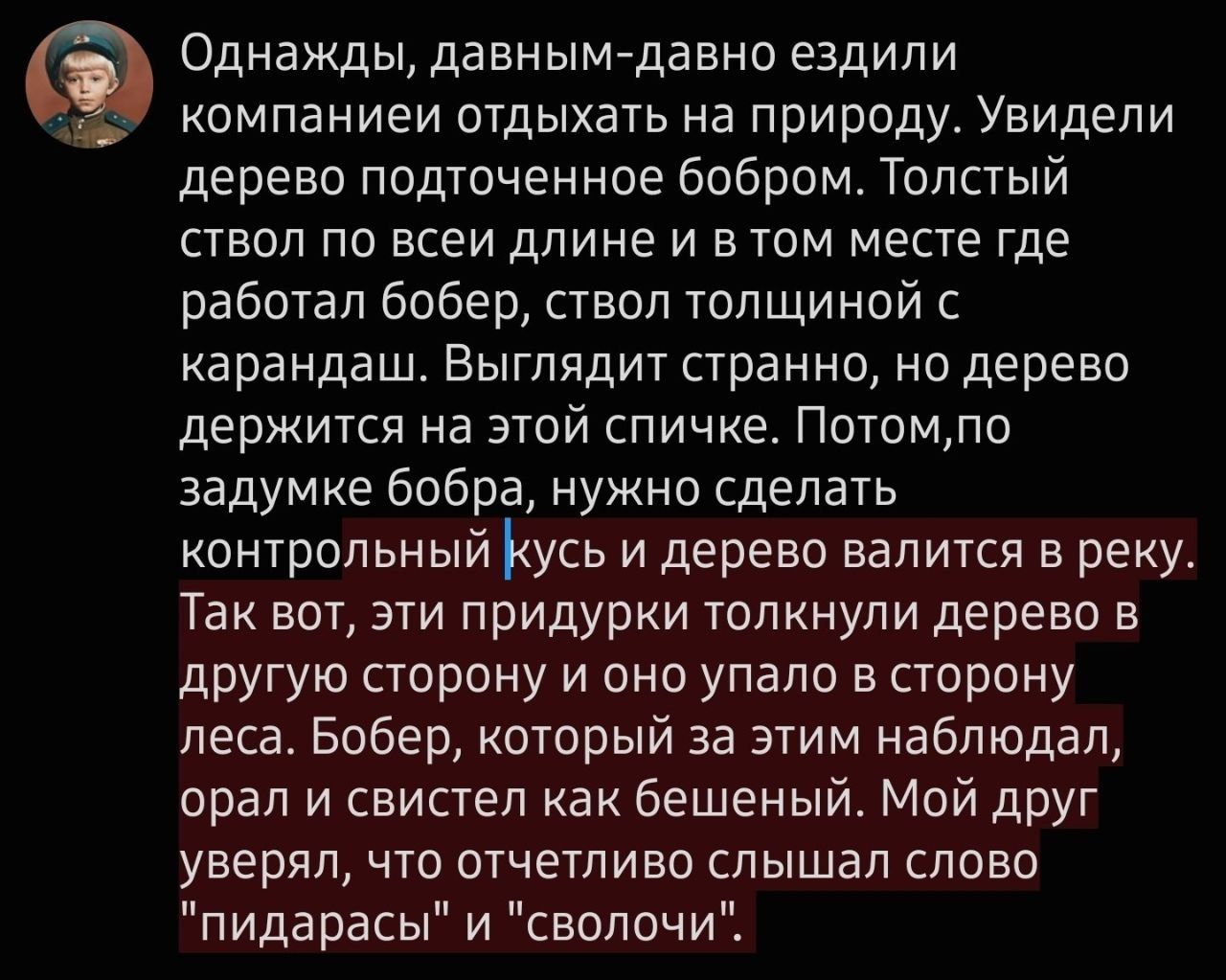 Однажды, давным-давно ездили компаниеи отдыхать на природу. Увидели дерево подточенное бобром. Толстый ствол по всей длине и в том месте где работал бобер, ствол толщиной с карандаш. Выглядит странно, но дерево держится на этой спичке. Потом,по задумке бобра, нужно сделать контрольный кусь и дерево валится в реку. Так вот, эти придурки толкнули
