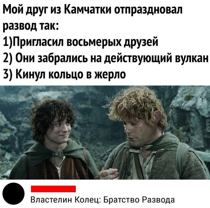 Мой друг из Камчатки отпраздновал развод так:
1) Пригласил восьмерых друзей
2) Они забрались на действующий вулкан
3) Кинул кольцо в жерло
Властелин Колец: Братство Развода