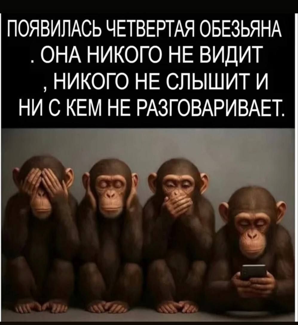 ПОЯВИЛАСЬ ЧЕТВЕРТАЯ ОБЕЗЬЯНА. ОНА НИКОГО НЕ ВИДИТ, НИКОГО НЕ СЛЫШИТ И НИ С КЕМ НЕ РАЗГОВАРИВАЕТ.