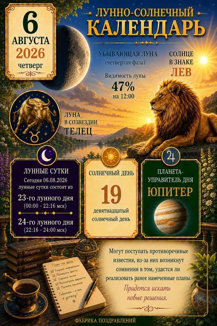 ЛУННО-СОЛНЕЧНЫЙ КАЛЕНДАРЬ 6 АВГУСТА 2026 четверг УБЫВАЮЩАЯ ЛУНА (четвертая фаза) СОЛНЦЕ В ЗНАКЕ ЛЕВ Видимость луны 47% на 12:00 ЛУНА В СОЗВЕЗДИИ ТЕЛЕЦ ЛУННЫЕ СУТКИ Сегодня 06.08.2026 лунные сутки состоят из 23-го лунного дня (00:00 - 22:16 мск) 24-го лунного дня (22:16 - 24:00 мск) СОЛНЕЧНЫЙ ДЕНЬ 19 девятнадцатый солнечный день ПЛАНЕТА-УПРАВИТЕЛЬ
