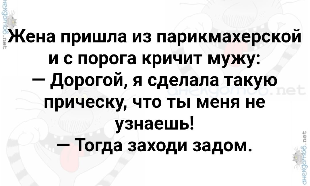 Жена пришла из парикмахерской и с порога кричит мужу: — Дорогой, я сделала такую прическу, что ты меня не узнаешь! — Тогда заходи задом.