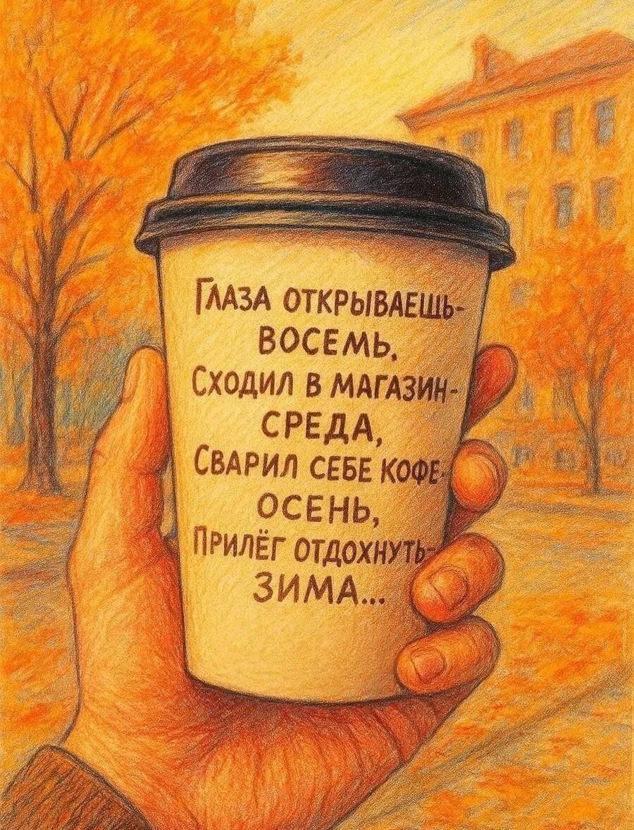 Глаза открываешь — восемь, сходил в магазин — среда, сварил себе кофе — осень, прилёг отдохнуть — зима...