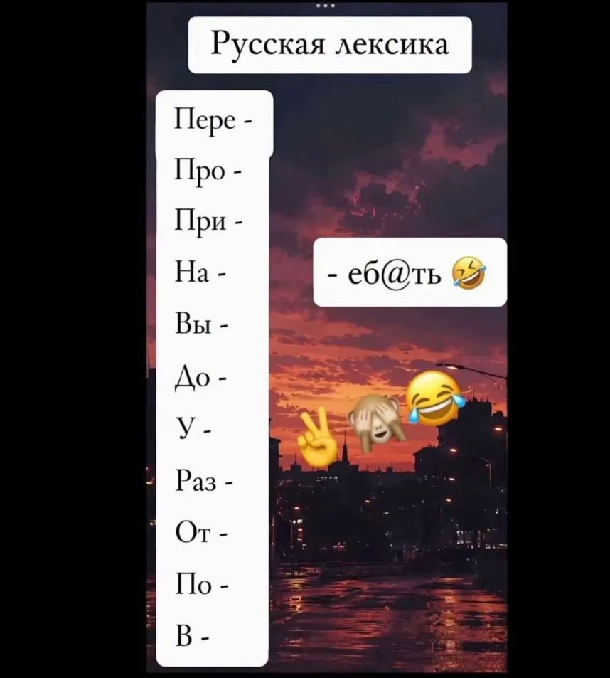 Русская лексика Пере- Про- При- На- Вы- До- У- Раз- От- По- В- - еб@ть