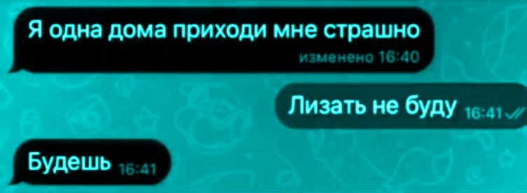 Я одна дома приходи мне страшно изменено 16:40 Лизать не буду 16:41 Будешь 16:41
