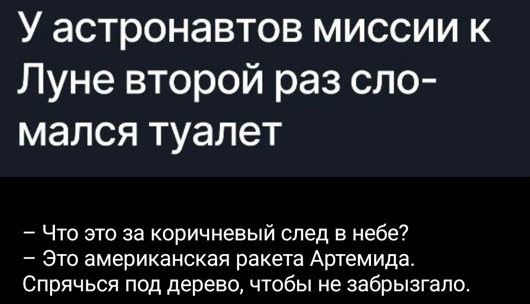 У астронавтов миссии к Луне второй раз сломался туалет
– Что это за коричневый след в небе?
– Это американская ракета Артемида. Спрячься под дерево, чтобы не забрызгало.