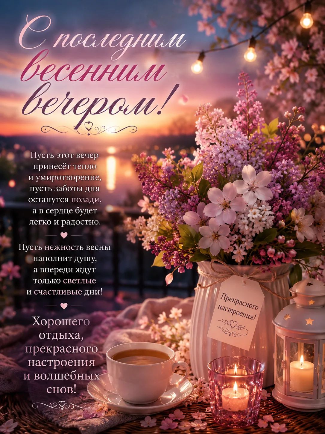 С последним весенним вечером! Пусть этот вечер принесёт тепло и умиротворение, пусть заботы дня останутся позади, а в сердце будет легко и радостно. Пусть нежность весны наполнит душу, а впереди ждут только светлые и счастливые дни! Хорошего отдыха, прекрасного настроения и волшебных снов! Прекрасного настроения!