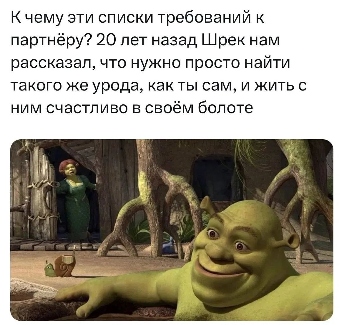 К чему эти списки требований к партнёру? 20 лет назад Шрек нам рассказал, что нужно просто найти такого же урода, как ты сам, и жить с ним счастливо в своём болоте