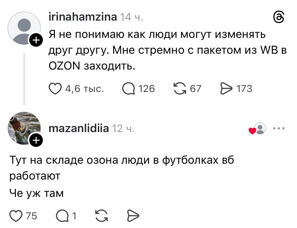 Я не понимаю как люди могут изменять друг другу. Мне стремно с пакетом из WB в OZON заходить. Тут на складе озона люди в футболках вб работают. Че уж там.