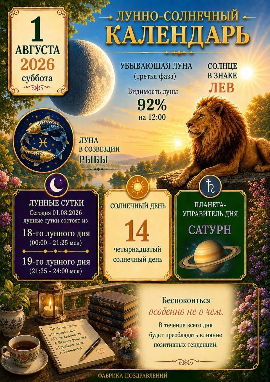 ЛУННО-СОЛНЕЧНЫЙ КАЛЕНДАРЬ 1 АВГУСТА 2026 суббота УБЫВАЮЩАЯ ЛУНА (третья фаза) СОЛНЦЕ В ЗНАКЕ ЛЕВ Видимость луны 92% на 12:00 ЛУНА В СОЗВЕЗДИИ РЫБЫ ЛУННЫЕ СУТКИ Сегодня 01.08.2026 лунные сутки состоят из 18-го лунного дня (00:00 - 21:25 мск) 19-го лунного дня (21:25 - 24:00 мск) СОЛНЕЧНЫЙ ДЕНЬ 14 четырнадцатый солнечный день ПЛАНЕТА-УПРАВИТЕЛЬ ДНЯ