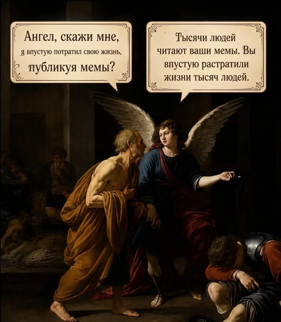 Ангел, скажи мне, я впустую потратил свою жизнь, публикуя мемы? Тысячи людей читают ваши мемы. Вы впустую растратили жизни тысяч людей.