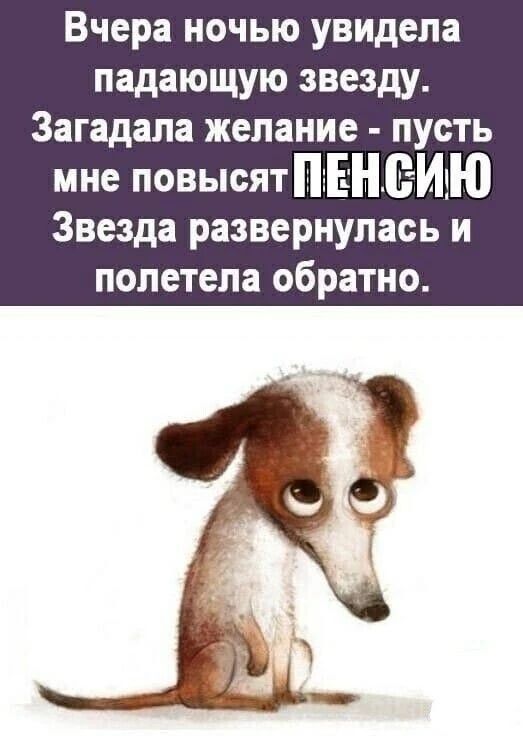 Вчера ночью увидела падающую звезду. Загадала желание - пусть мне повысят ПЕНСИЮ. Звезда развернулась и полетела обратно.