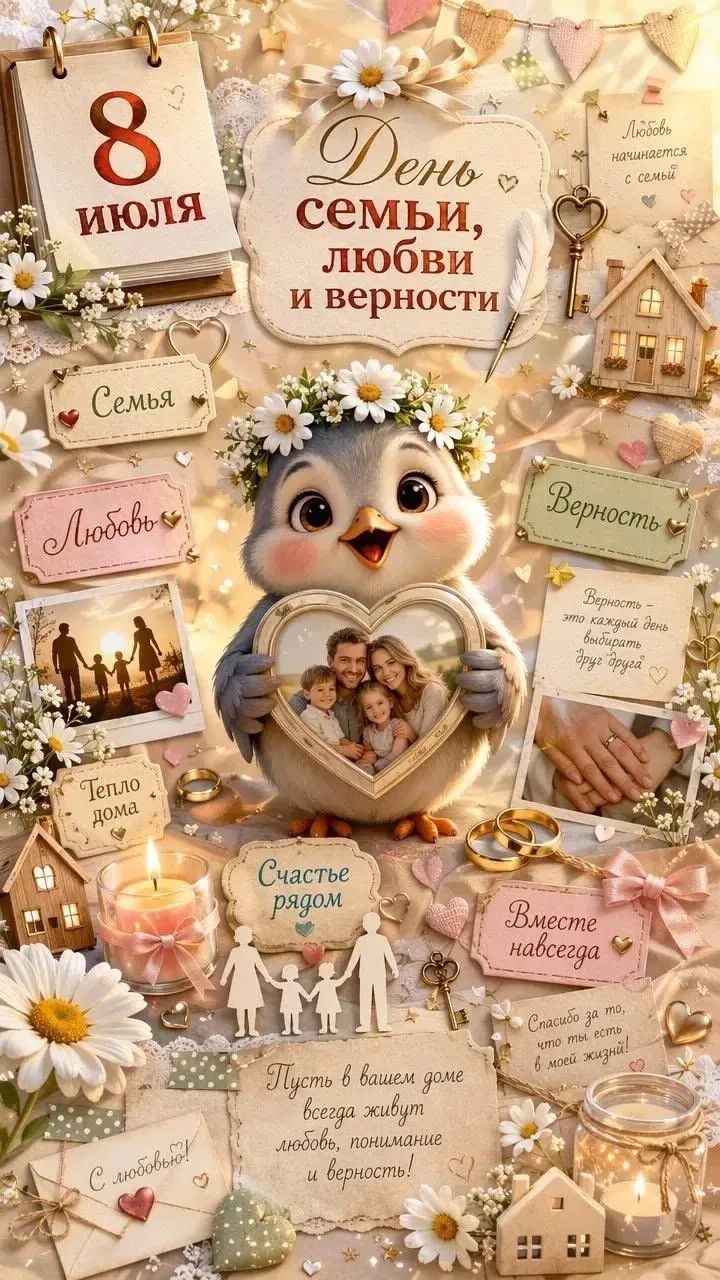 8 июля День семьи, любви и верности Семья Любовь Верность Тепло дома Счастье рядом Вместе навсегда Любовь начинается с семьи Верность - это каждый день выбирать друг друга Спасибо за то, что ты есть в моей жизни! Пусть в вашем доме всегда живут любовь, понимание и верность! С любовью!