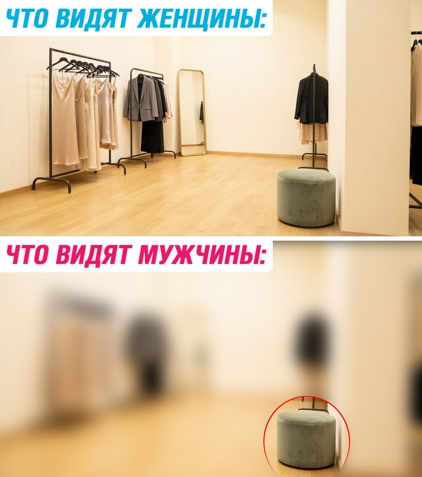 ЧТО ВИДЯТ ЖЕНЩИНЫ: (изображение магазина одежды с вешалками, зеркалом и пуфиком) ЧТО ВИДЯТ МУЖЧИНЫ: (размытое изображение того же магазина, с красным кругом, выделяющим только пуфик)
