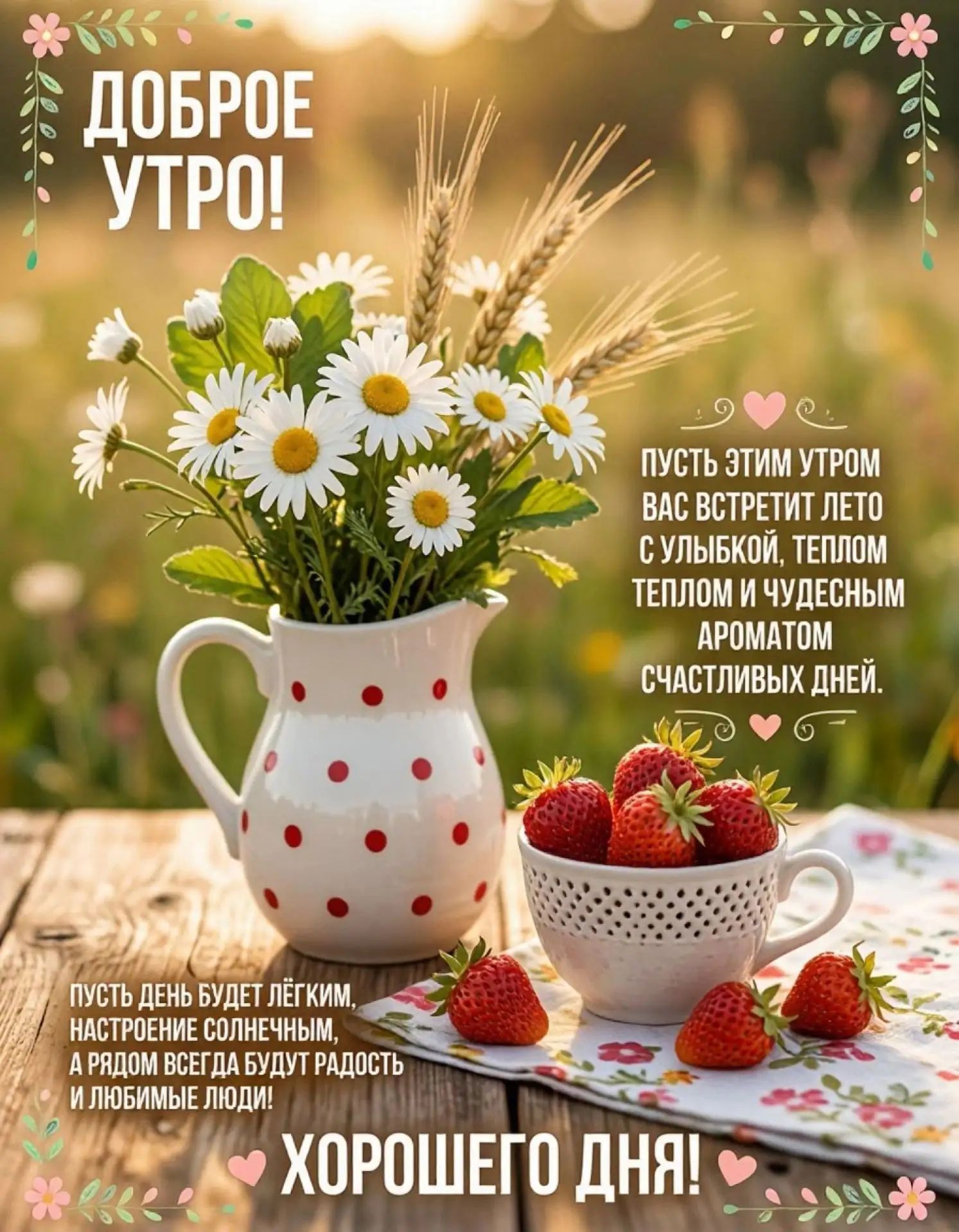 ДОБРОЕ УТРО! ПУСТЬ ЭТИМ УТРОМ ВАС ВСТРЕТИТ ЛЕТО С УЛЫБКОЙ, ТЕПЛОМ ТЕПЛОМ И ЧУДЕСНЫМ АРОМАТОМ СЧАСТЛИВЫХ ДНЕЙ. ПУСТЬ ДЕНЬ БУДЕТ ЛЁГКИМ, НАСТРОЕНИЕ СОЛНЕЧНЫМ, А РЯДОМ ВСЕГДА БУДУТ РАДОСТЬ И ЛЮБИМЫЕ ЛЮДИ! ХОРОШЕГО ДНЯ!