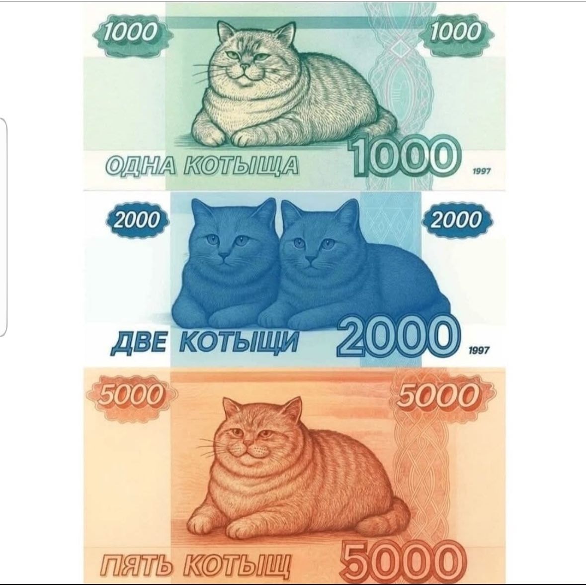 1000 ОДНА КОТЫЩА 1997 2000 ДВЕ КОТЫЩИ 1997 5000 ПЯТЬ КОТЫЩ