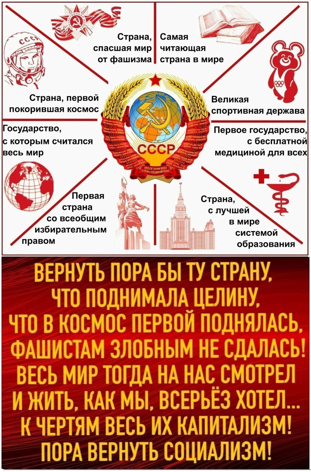 СССР. Страна, первой покорившая космос. Государство, с которым считался весь мир. Первая страна со всеобщим избирательным правом. Страна, спасшая мир от фашизма. Самая читающая страна в мире. Великая спортивная держава. Первое государство, с бесплатной медициной для всех. Страна, с лучшей в мире системой образования. ПРОЛЕТАРИИ ВСЕХ СТРАН,