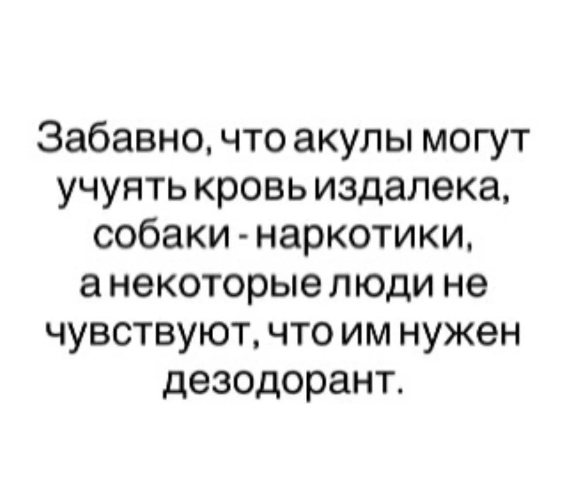 Забавно, что акулы могут учуять кровь издалека, собаки - наркотики, а некоторые люди не чувствуют, что им нужен дезодорант.