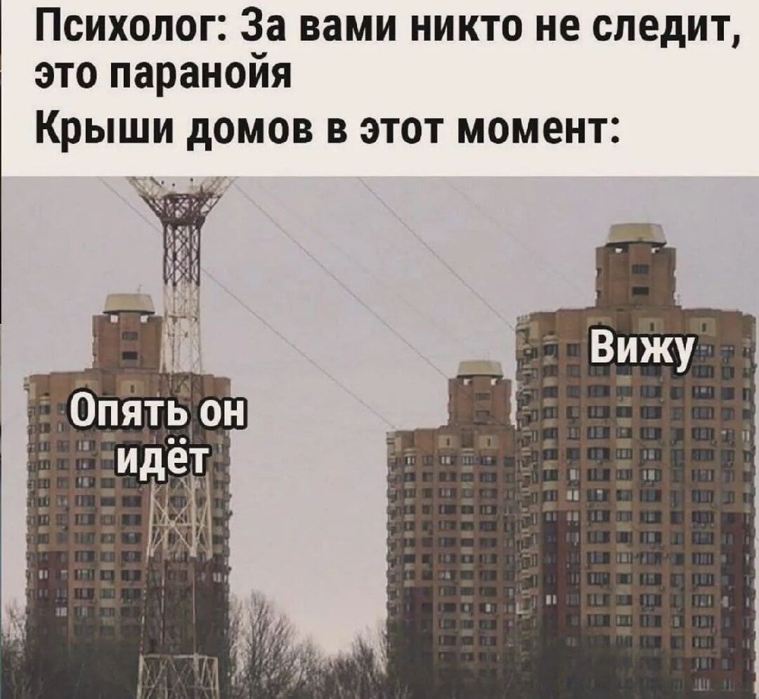 Психолог: За вами никто не следит, это паранойя. Крыши домов в этот момент: Опять он идёт. Вижу.