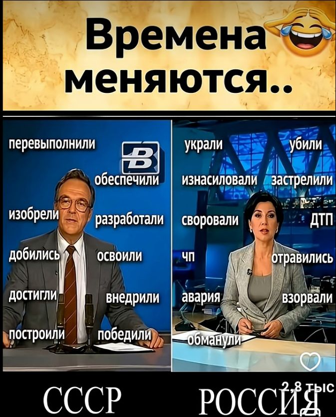 Времена меняются.. перевыполнили обеспечили изобрели разработали добились освоили достигли внедрили построили победили СССР украли убили изнасиловали застрелили своровали ДТП ЧП отравились авария взорвали обманули РОССИЯ 2,8 тыс