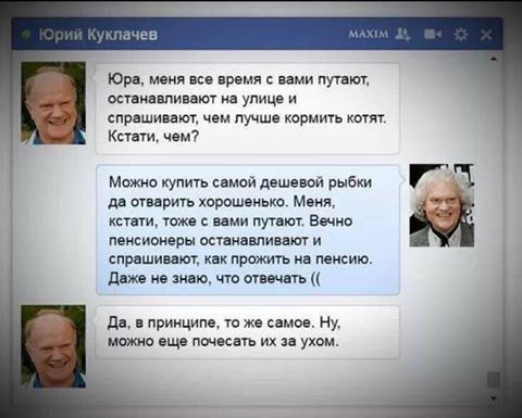 Юрий Куклачев
Юра, меня все время с вами путают, останавливают на улице и спрашивают, чем лучше кормить котят. Кстати, чем?
Можно купить самой дешевой рыбки да отварить хорошенько. Меня, кстати, тоже с вами путают. Вечно пенсионеры останавливают и спрашивают, как прожить на пенсию. Даже не знаю, что отвечать ((
Да, в принципе, то же самое. Ну,