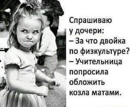 Спрашиваю у дочери: – За что двойка по физкультуре? – Учительница попросила обложить козла матами.