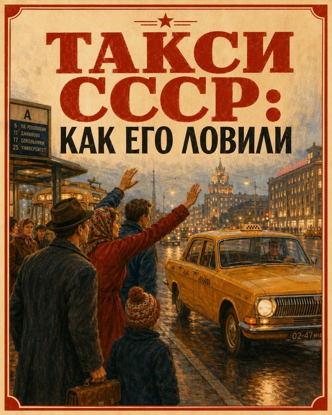 ТАКСИ СССР: КАК ЕГО ЛОВИЛИ. А. 6 ПЛ. РЕВОЛЮЦИИ. 11 ДАНИЛОВО. 17 СОКОЛЬНИКИ. 25 УНИВЕРСИТЕТ. УНИВЕРМАГ.