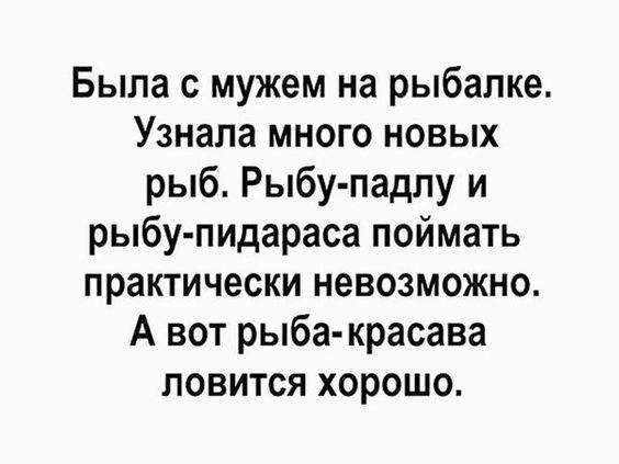 Была с мужем на рыбалке. Узнала много новых рыб. Рыбу-падлу и рыбу-пидараса поймать практически невозможно. А вот рыба-красава ловится хорошо.