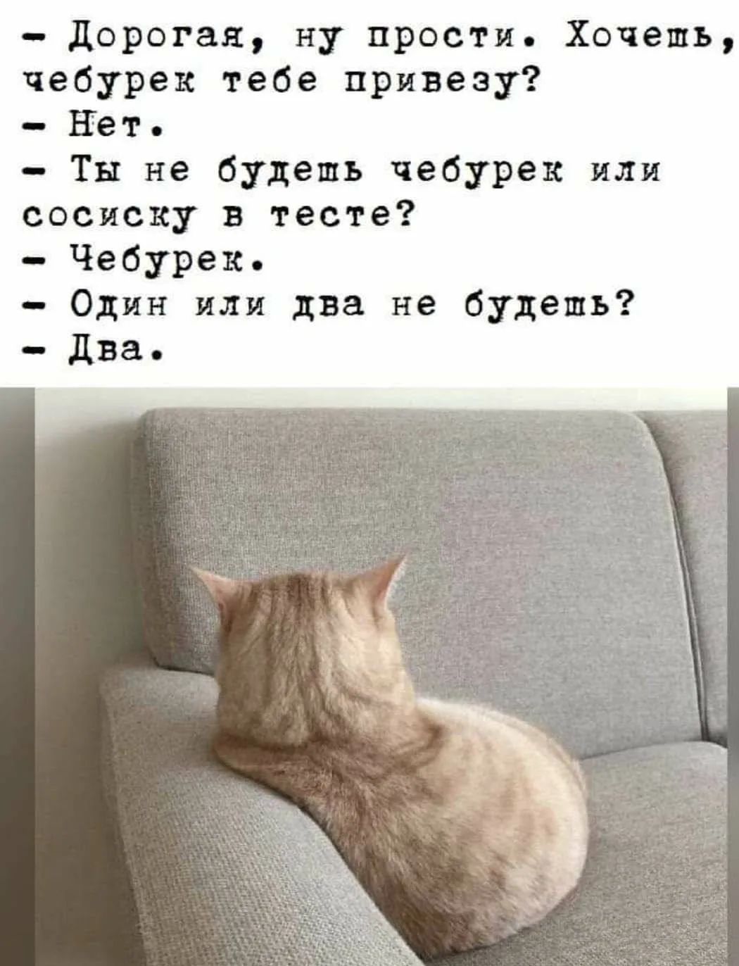 Дорогая, ну прости. Хочешь, чебурек тебе привезу? Нет. Ты не будешь чебурек или сосиску в тесте? Чебурек. Один или два не будешь? Два.