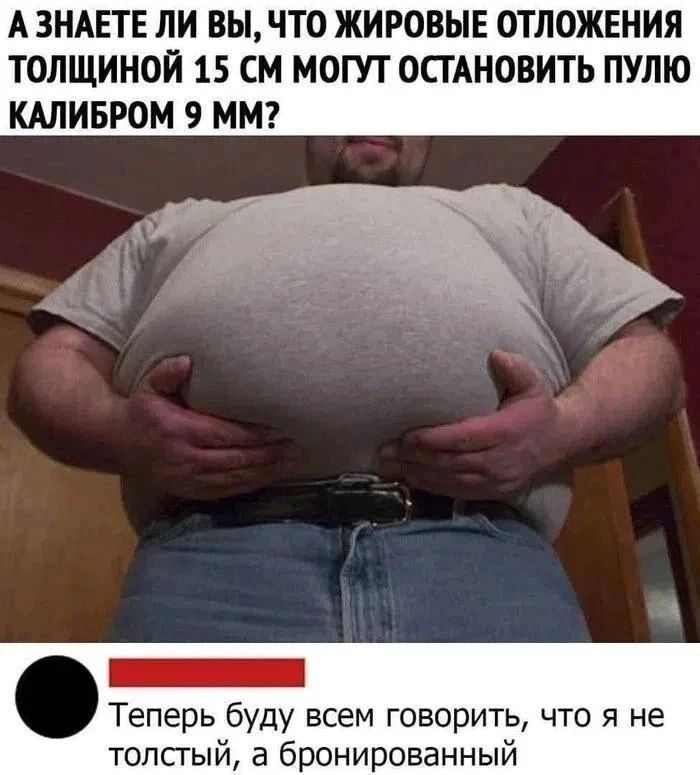 А ЗНАЕТЕ ЛИ ВЫ, ЧТО ЖИРОВЫЕ ОТЛОЖЕНИЯ ТОЛЩИНОЙ 15 СМ МОГУТ ОСТАНОВИТЬ ПУЛЮ КАЛИБРОМ 9 ММ? Теперь буду всем говорить, что я не толстый, а бронированный