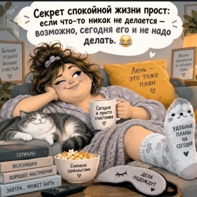 Секрет спокойной жизни прост: если что-то никак не делается — возможно, сегодня его и не надо делать. Больше отдыха больше счастья. Жизнь прекрасна и сегодня тоже. Лень — это тоже план. Сегодня я просто счастлива. Удобные планы на сегодня. Сериалы. Вкусняшки. Хорошее настроение. Завтра... может быть. Сначала удовольствие. Дела подождут