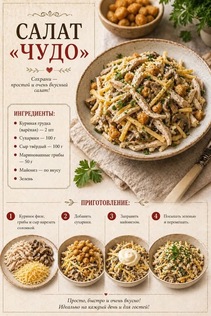 САЛАТ «ЧУДО» Сохрани — простой и очень вкусный салат! ИНГРЕДИЕНТЫ: Куриная грудка (варёная) — 2 шт Сухарики — 100 г Сыр твёрдый — 100 г Маринованные грибы — 50 г Майонез — по вкусу Зелень ПРИГОТОВЛЕНИЕ: 1 Куриное филе, грибы и сыр нарезать соломкой. 2 Добавить сухарики. 3 Заправить майонезом. 4 Посыпать зеленью и перемешать. Просто, быстро и очень