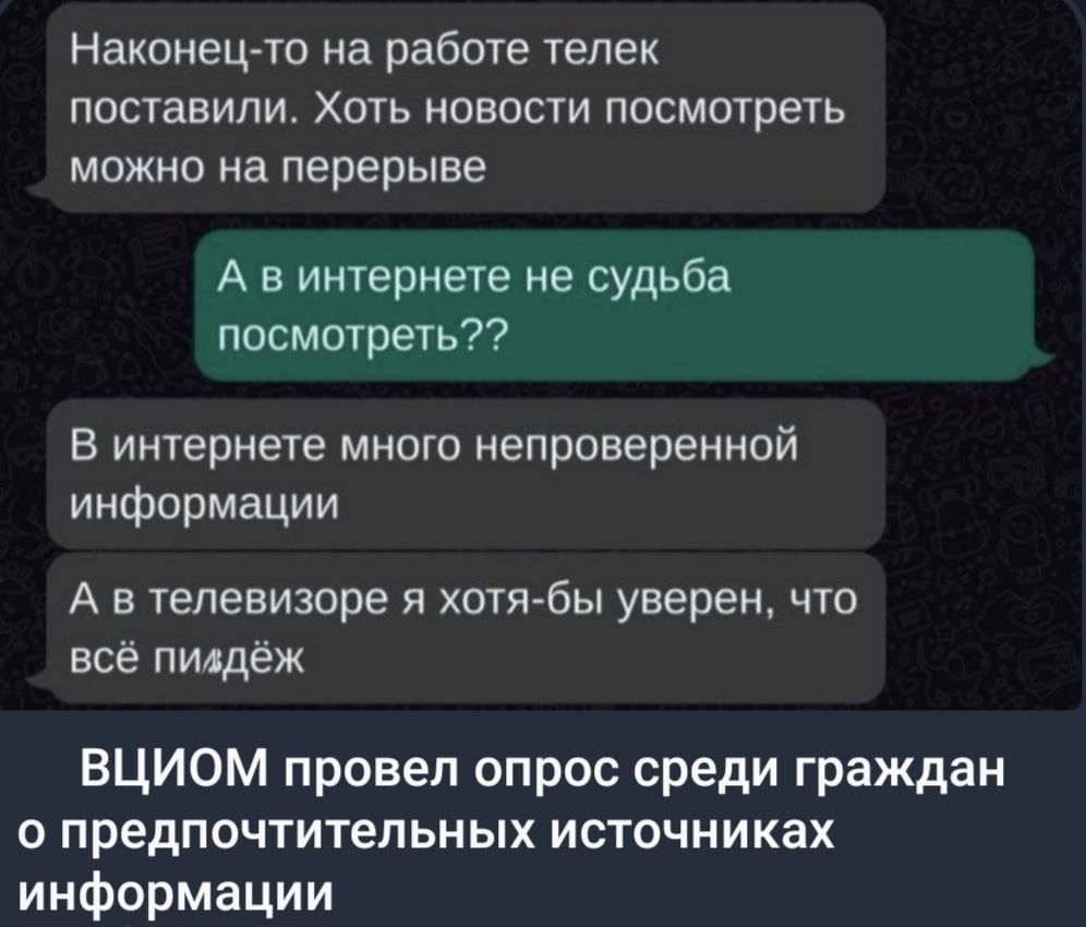Наконец-то на работе телек поставили. Хоть новости посмотреть можно на перерыве. А в интернете не судьба посмотреть?? В интернете много непроверенной информации. А в телевизоре я хотя-бы уверен, что всё пи*дёж. ВЦИОМ провел опрос среди граждан о предпочтительных источниках информации