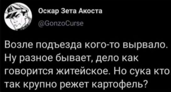 Возле подъезда кого-то вырвало. Ну разное бывает, дело как говорится житейское. Но сука кто так крупно режет картофель?