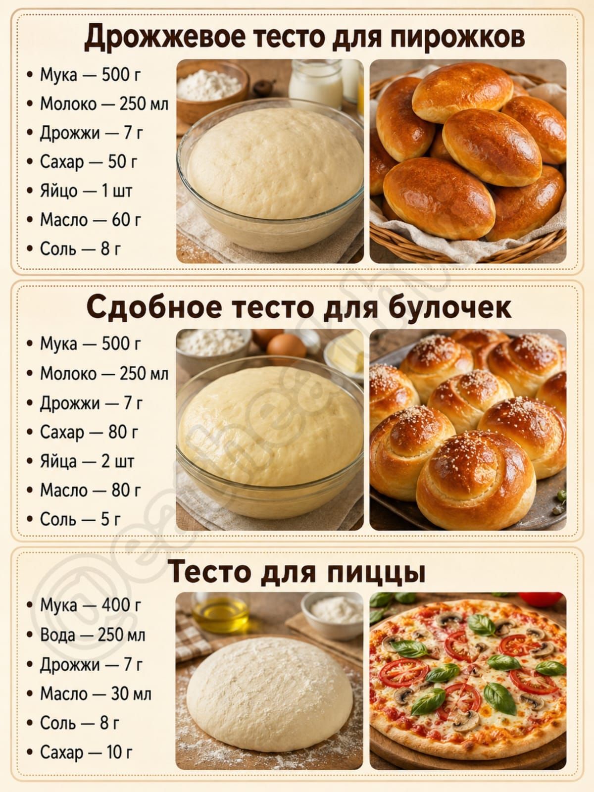 Дрожжевое тесто для пирожков Мука - 500 г Молоко - 250 мл Дрожжи - 7 г Сахар - 50 г Яйцо - 1 шт Масло - 60 г Соль - 8 г Сдобное тесто для булочек Мука - 500 г Молоко - 250 мл Дрожжи - 7 г Сахар - 80 г Яйцо - 2 шт Масло - 80 г Соль - 5 г Тесто для пиццы Мука - 400 г Вода - 250 мл Дрожжи - 7 г Масло - 30 мл Соль - 8 г Сахар - 10 г