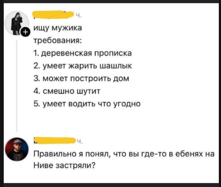 ищу мужика требования: 1. деревенская прописка 2. умеет жарить шашлык 3. может построить дом 4. смешно шутит 5. умеет водить что угодно Правильно я понял, что вы где-то в ебенях на Ниве застряли?