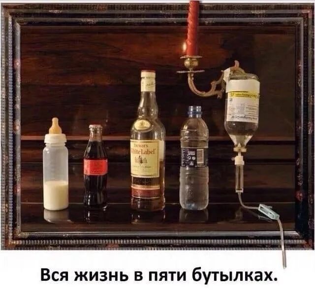 Вся жизнь в пяти бутылках. На изображении представлены пять емкостей, символизирующих этапы жизни: детская бутылочка с молоком, бутылка Coca-Cola, бутылка виски Dewar's White Label, бутылка воды и капельница.