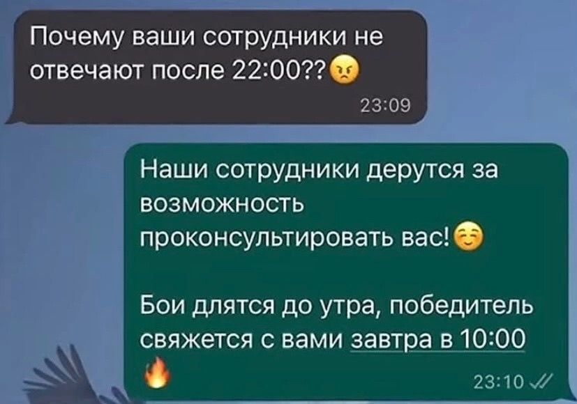 Почему ваши сотрудники не отвечают после 22:00?? 😡 23:09 Наши сотрудники дерутся за возможность проконсультировать вас! 😌 Бои длятся до утра, победитель свяжется с вами завтра в 10:00 🔥 23:10